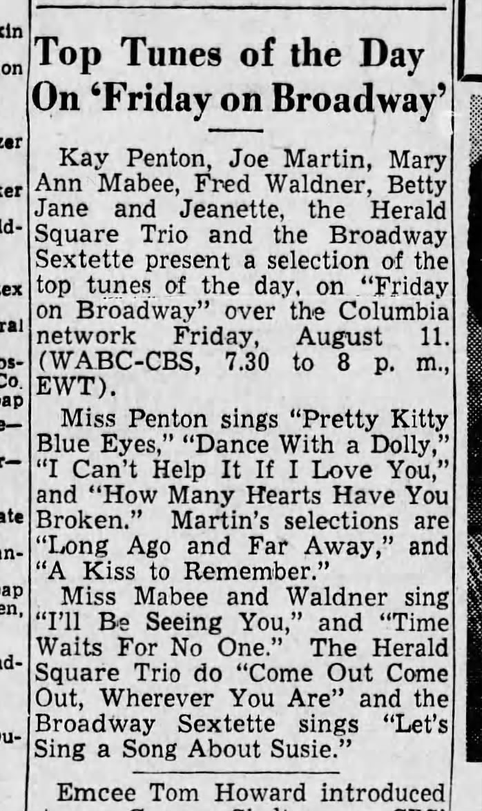 Pops Sings on the Radio, August, 1944.  Note:  he is referred to as "Fred" and not "Paul".