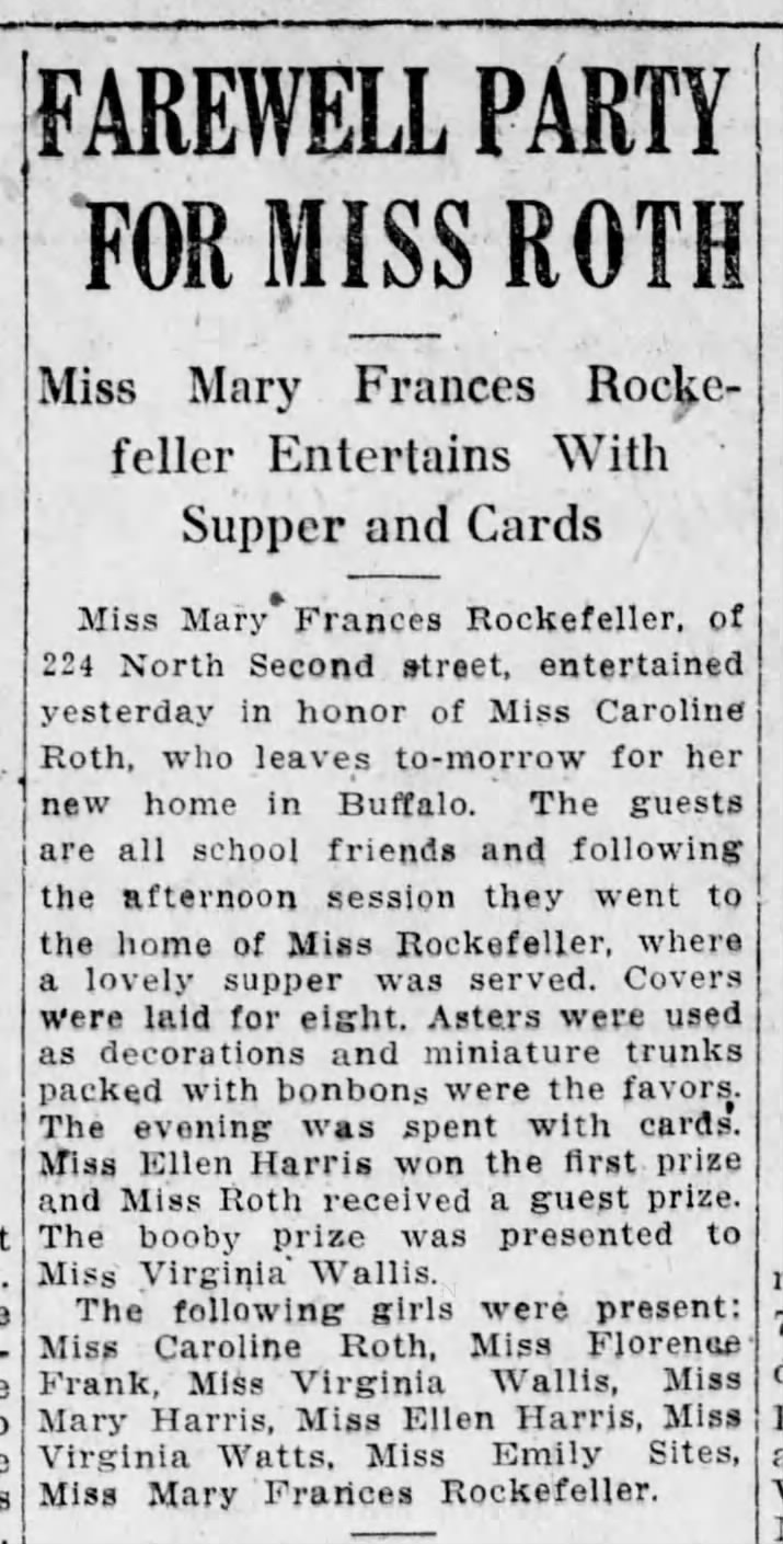 Mary Frances Rockefeller gives supper party Harrisburg Telegraph 9/25/1918


