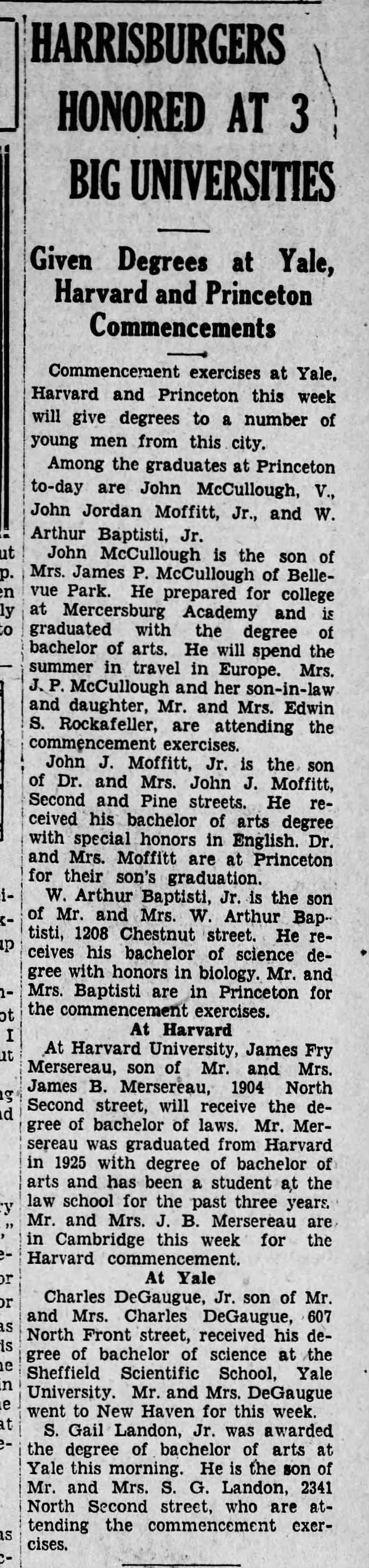 McCullough Rockefeller Princeton 6/19/1928 Harrisburg Telegraph