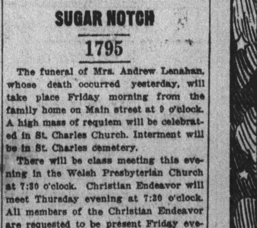 Mrs. Andrew Lenahan funeral 1916 - why 1795?