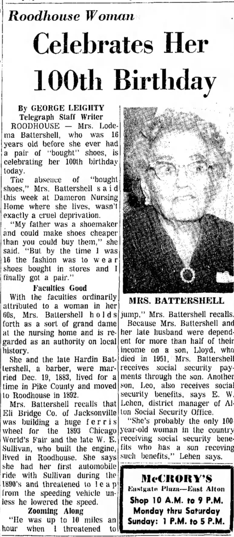 100th birthday Lodema Battershell - Alton Evening Telegraph pg 3 22 Feb 1964