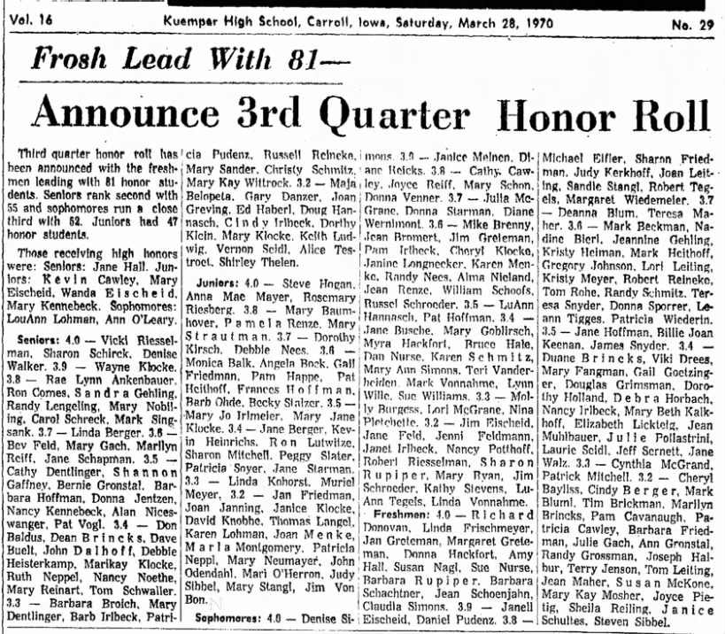 Jime Von Bon, 28 March 1970, Announce 3rd Quarter Honor Roll