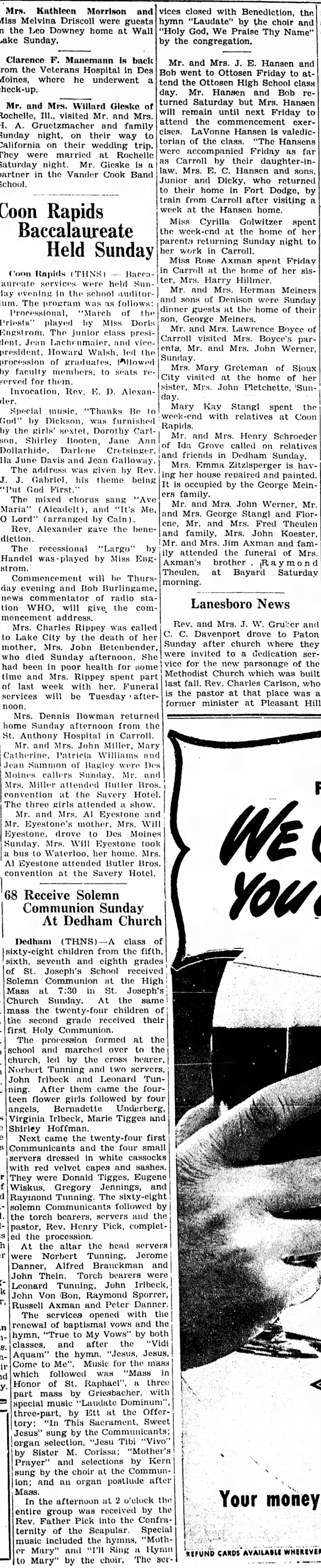 John "Jack" Von Bon, 19 May 1942, 68 Receive Soleman Communion Sunday at Dedham Church