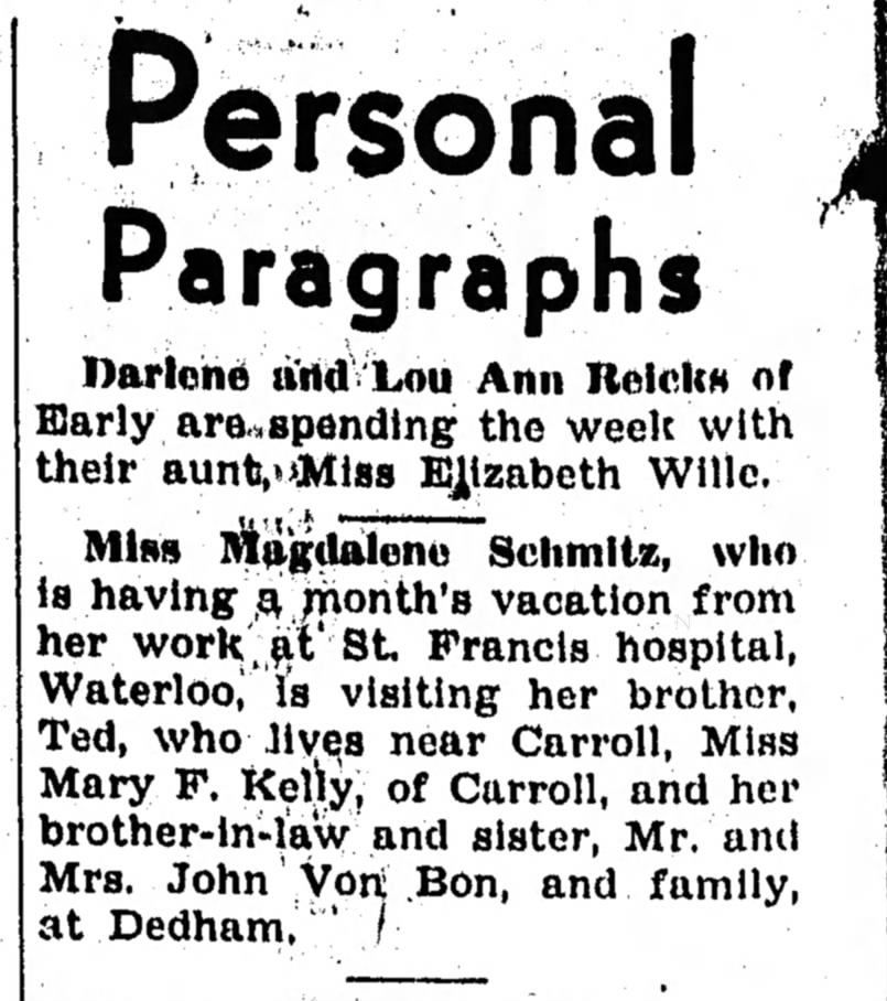 Mrs. John Von Bon "Teresa Schmitz" & Magdalene Schmitz 27 Jun 1944, Dedham News