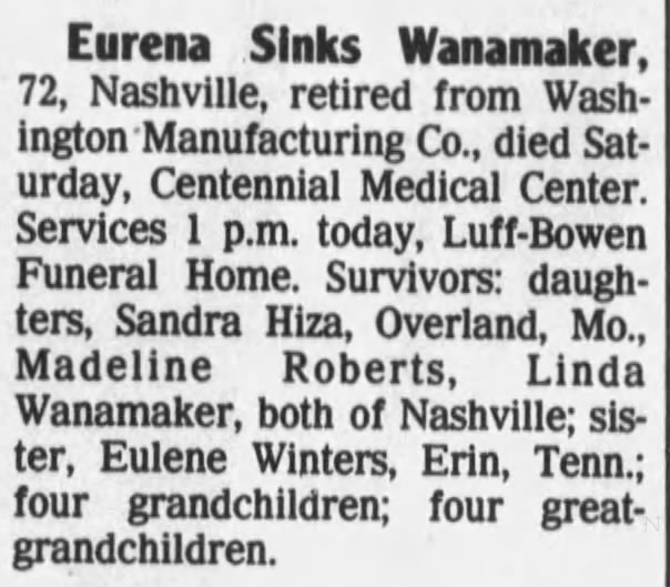 Obit Eurena Sinks Wanamaker, May 11, 1992. The Tennessean, Nashville, TN.