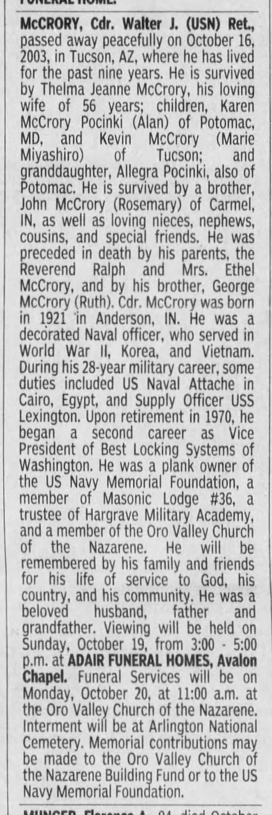 Walter Junior McCRORY, Arizona Daily Star, 19 Oct 2003, Sun, Page #32.