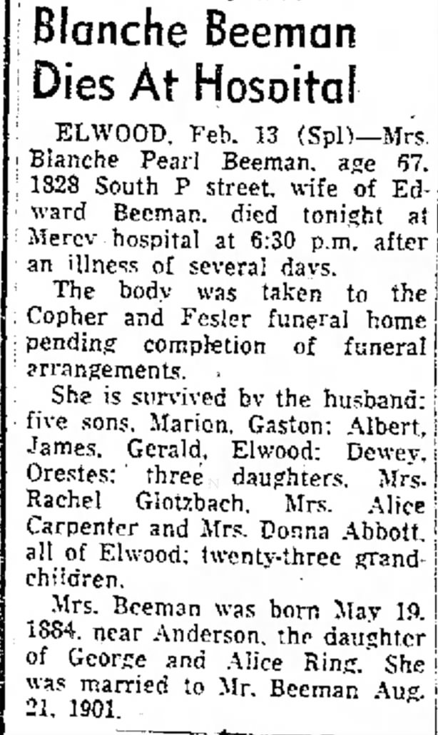 Blanche Alice RING, Anderson Herald, 14 Feb 1952, Thu, Page #2.