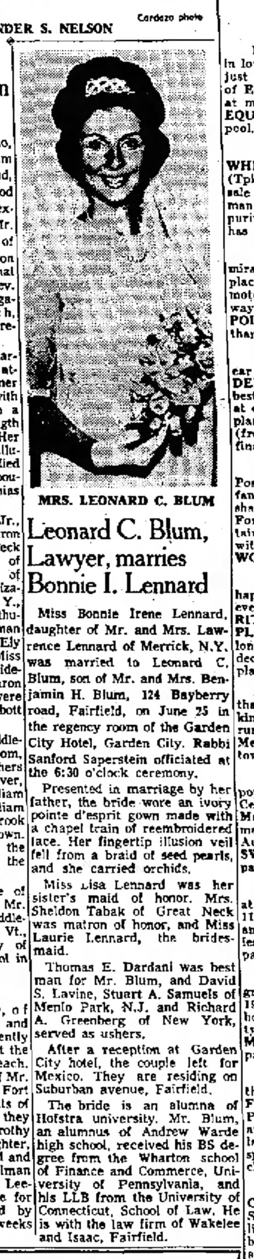 Leonard Blum, Bonnie Lennard, Marriage