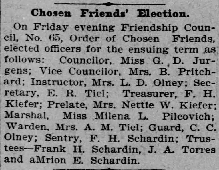Friendship Council, No. 65, Order of Chosen Friends, Marshal - Miss Milena L. Pilcovich