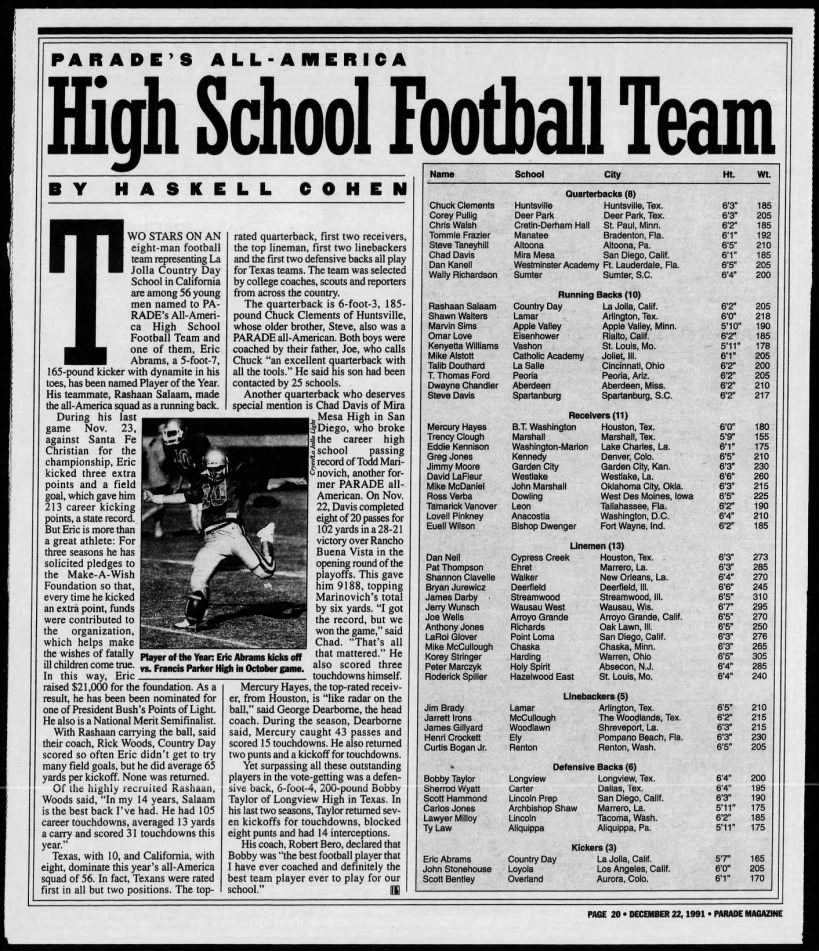 1991 Parade All America High School Football Team (29th Annual)