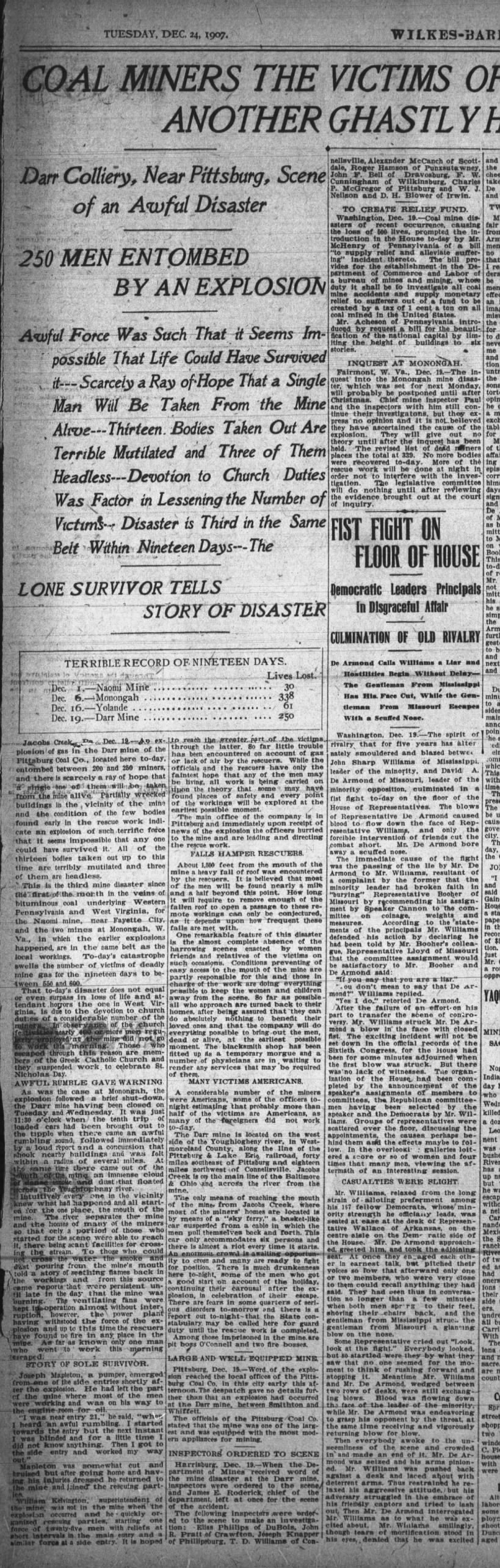 Mining disaster story, Wilkes-Barre Semi-Weekly Record 24 Dec 1907