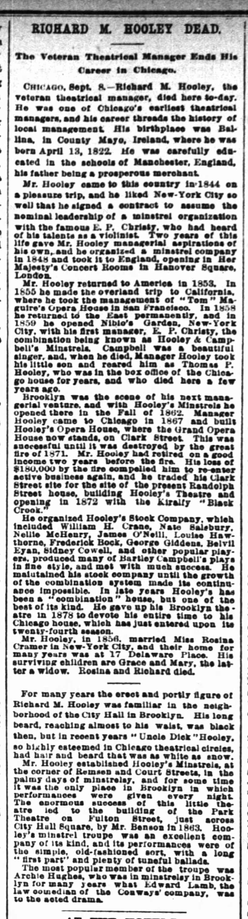 Hooley, Richard M died NY Times 9 Sep 1893, p4