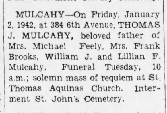 Mulcahy, Thomas J  Death  The Brooklyn Daily Eagle (NY), 4 Jan 1942, p13