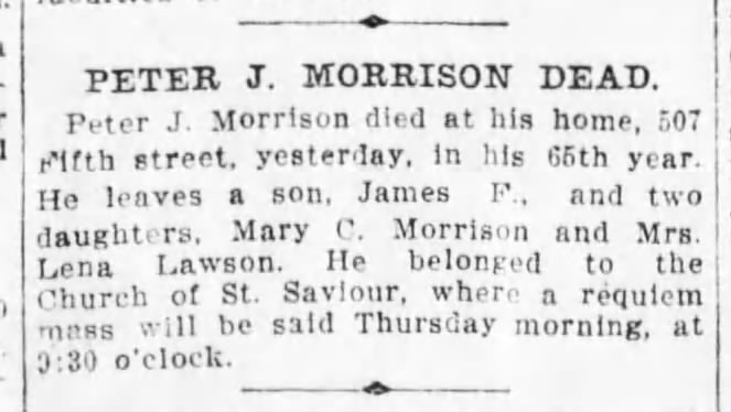 Morrison, Peter J obit  Brooklyn Eagle 2 Oct 1911, p.2