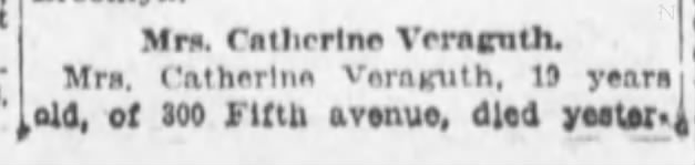 Veraguth, Catherine Andes obit  The Brooklyn Daily Eagle (NY), 19 Mar 1915, p.3, 1 of 2.