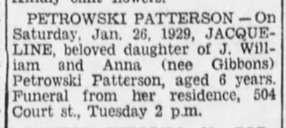 Petrowski Patterson, Jacqueline death 1929