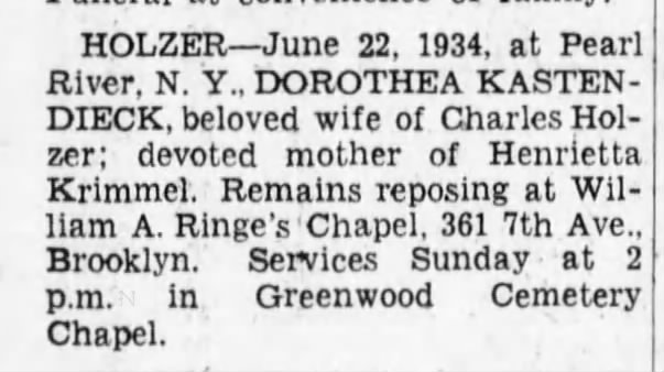 Holzer, Dorothy Kastendieck death 1934