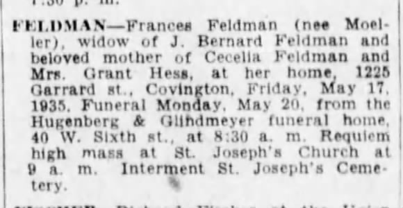 Frances Feldman Obit 19 May 1935