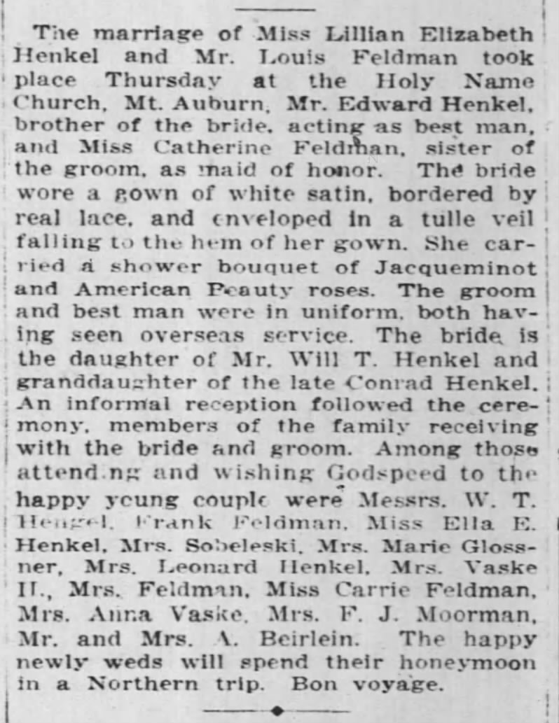Louis Feldman Wedding 22 Jun 1919