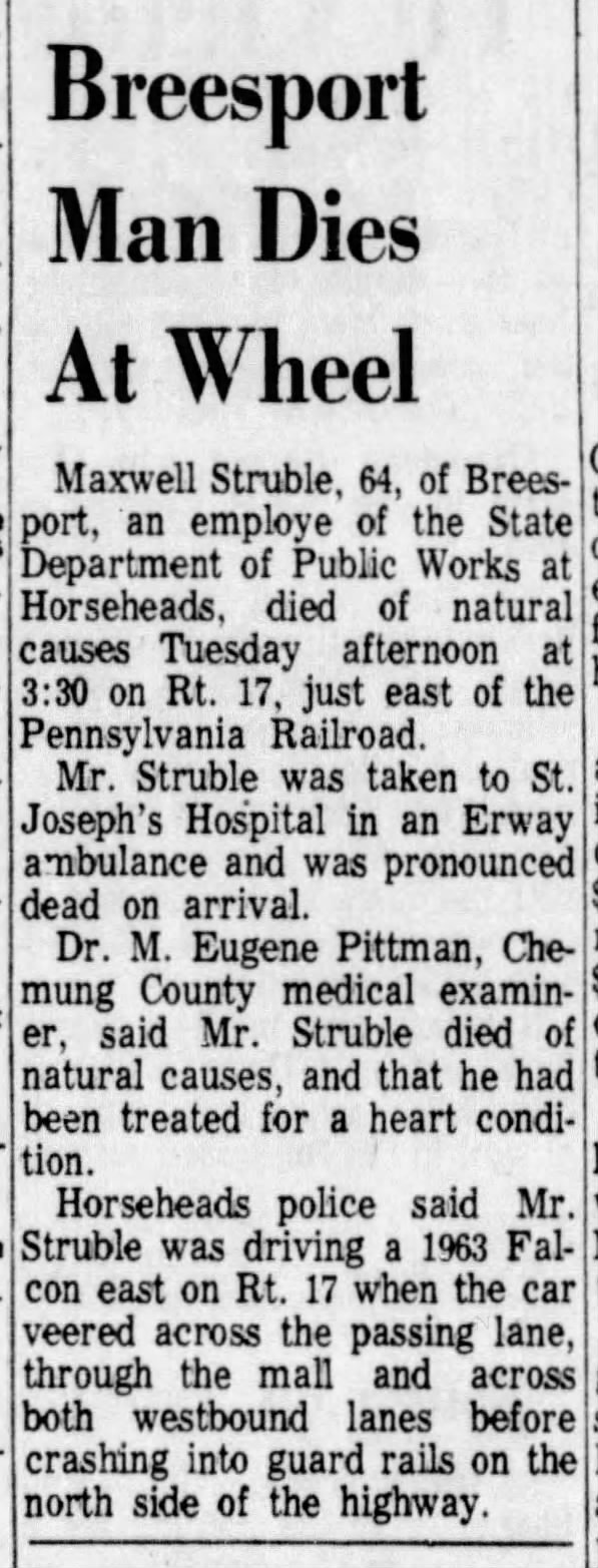 Star Gazette Elmira New York 24 Mar 1965 Wed P34 Breesport Man Dies At Wheel Maxwell Struble
