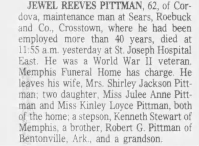 The Commercial Appeal Memphis Tennessee Sun P44 28 May 1978 Jewel Reeves Pttman 62