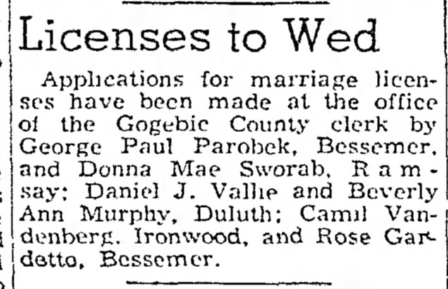 Ironwood Daily Globe - 08-Nov-1957 - Parobek - Sworab (stein) marriage license