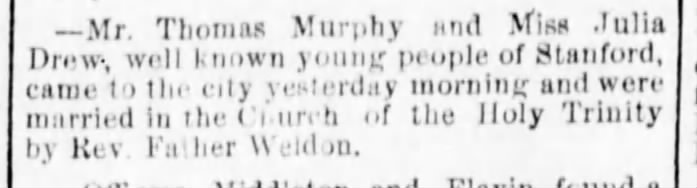Pantagraph Jan 19 1882 Julia Drew marries Thomas Murphy