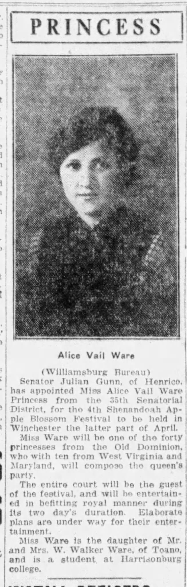 Alice Vail Ware, 1927 Apple Blossom Festival