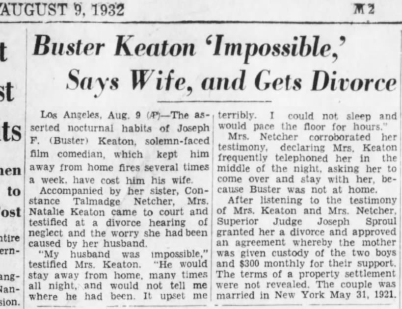 Buster Keaton Impossible Says Wife, and Gets  Divorce August 9. 1932