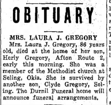 Mrs. Laura J. Gregory Obit- 06 Mar 1944
