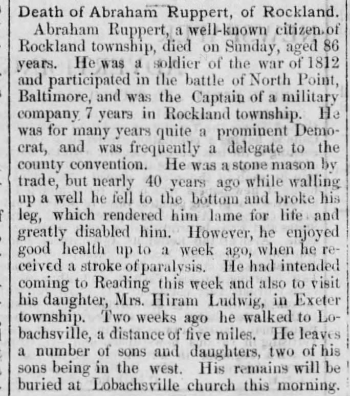 Abraham Ruppert obituary 11 May 1876 "Reading Times"