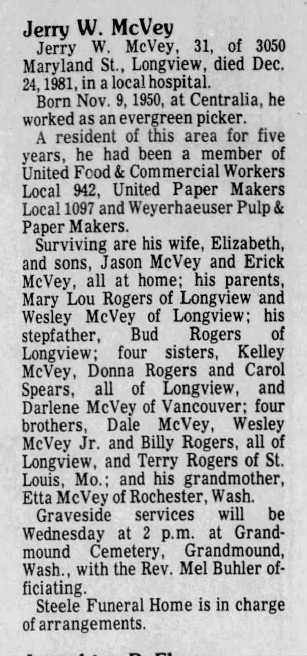 Obituary - Jerry W. McVey (1950-1981)