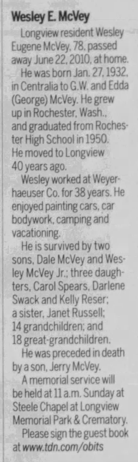 Obituary for Wesley Eugene McVey (1932-2010)