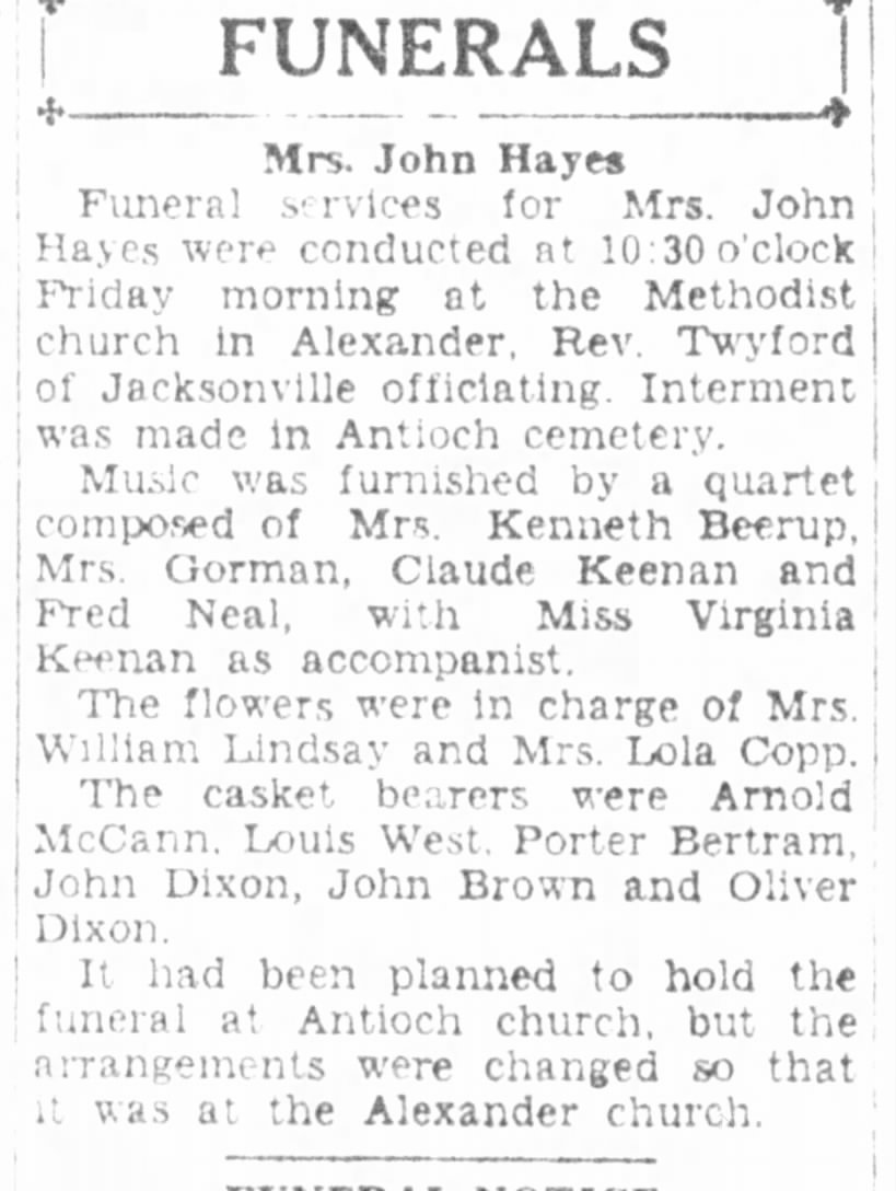 Eliza Meadows Hayes funeral services 27 April 1929
