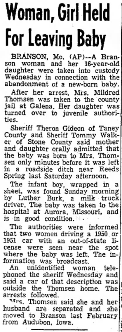 1959, 6-4 Baby abandoned in ditch Branson woman caught