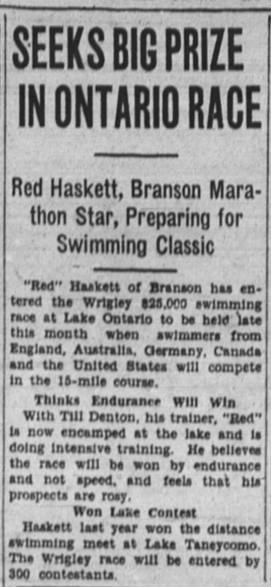1928 8-24 Red Haskett BRanson Swims LAke Ontario