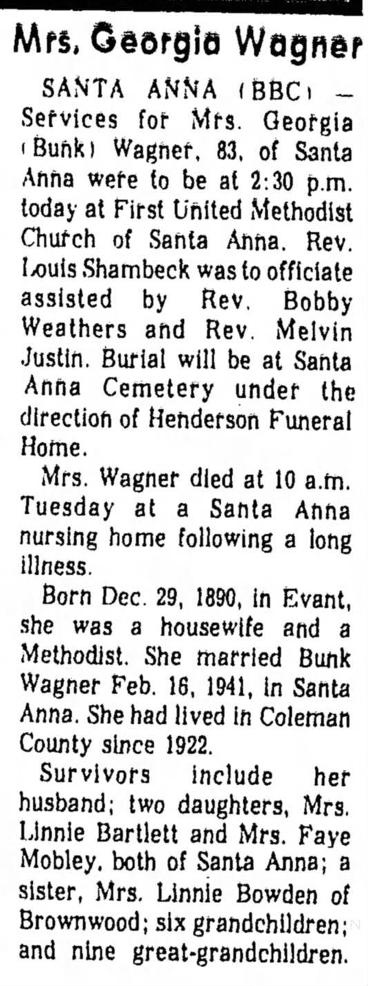 Obituary for Georgia Hicks Wagner