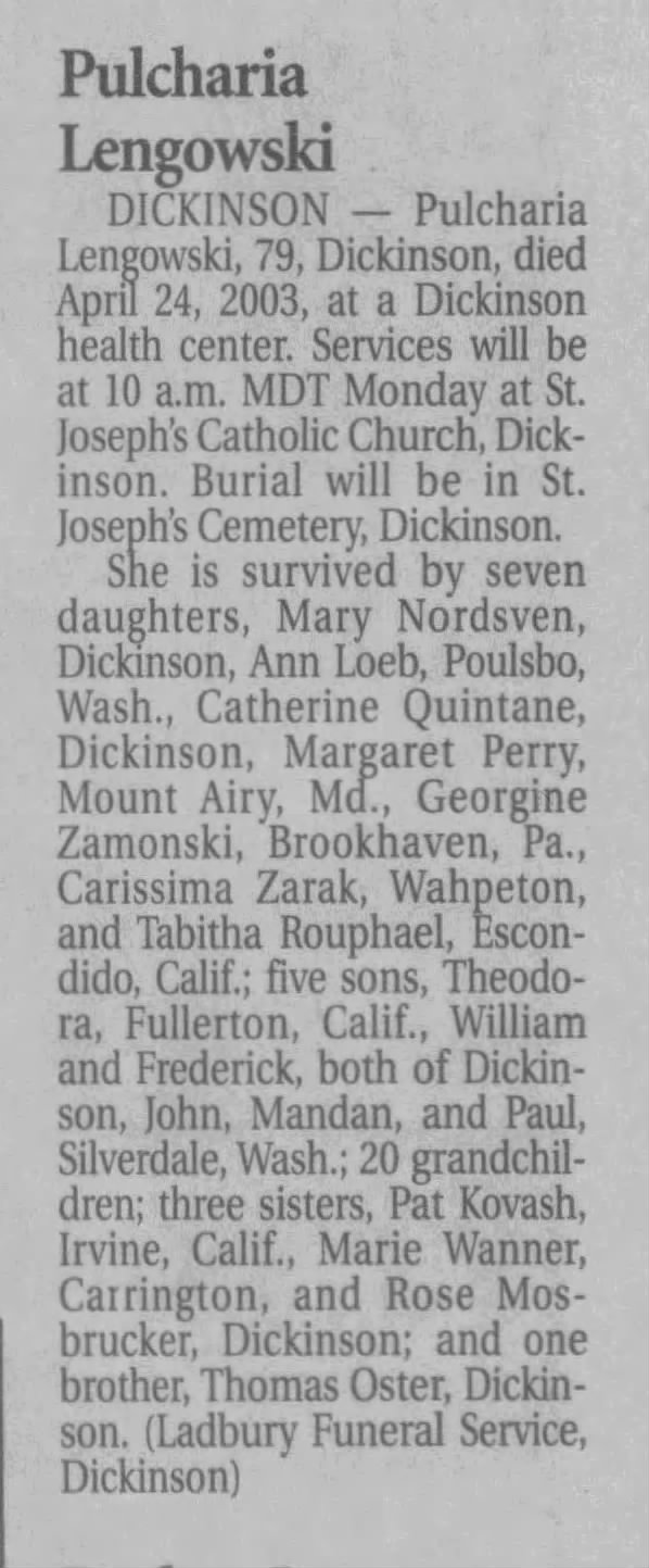 Obit - Pulcharia "Carrie" Lengowski nee Oster