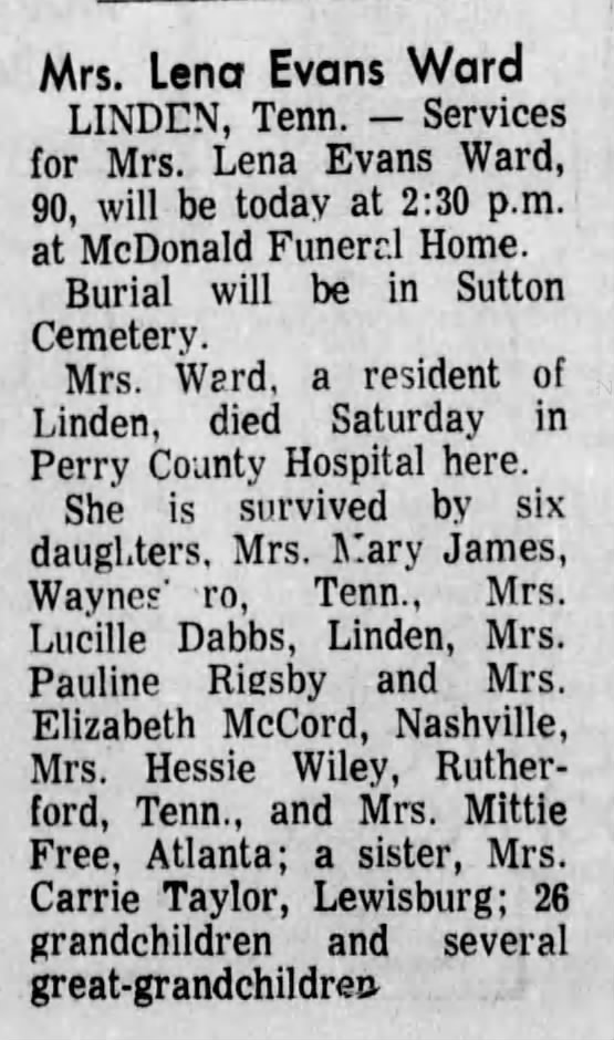 Obituary of Lena (Evans) Ward