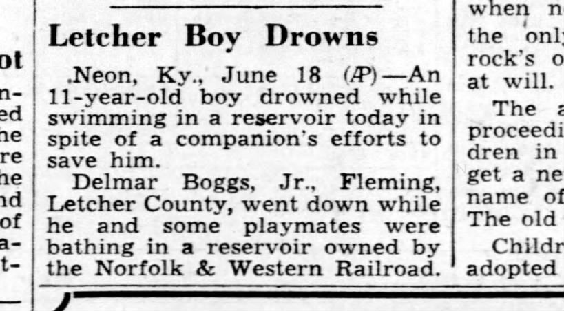 Delmar J Boggs Jr drowning in Neon KY 1948