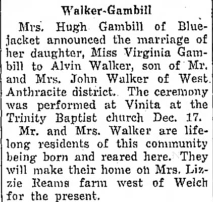 Virginia Gambill marriage announcement Miami Daily record Jan 17 1949 Walker-Gambill heading