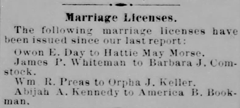 Marriage License: Owen E. Day and Hattie May Morse