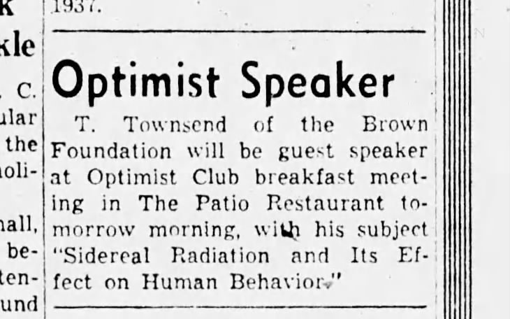 Townsend Speaks to Optimists on Sidereal Radiation Nov. 1947