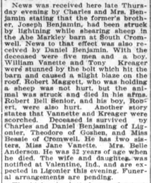 Joseph Benjamin death 17 May 1913