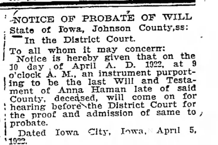 ANNA HAMAN APRIL 6 1922