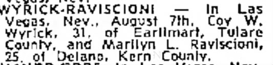 Wyrick-Raviscioni wedding vital announcement The Fresno Bee 20 Aug 1964