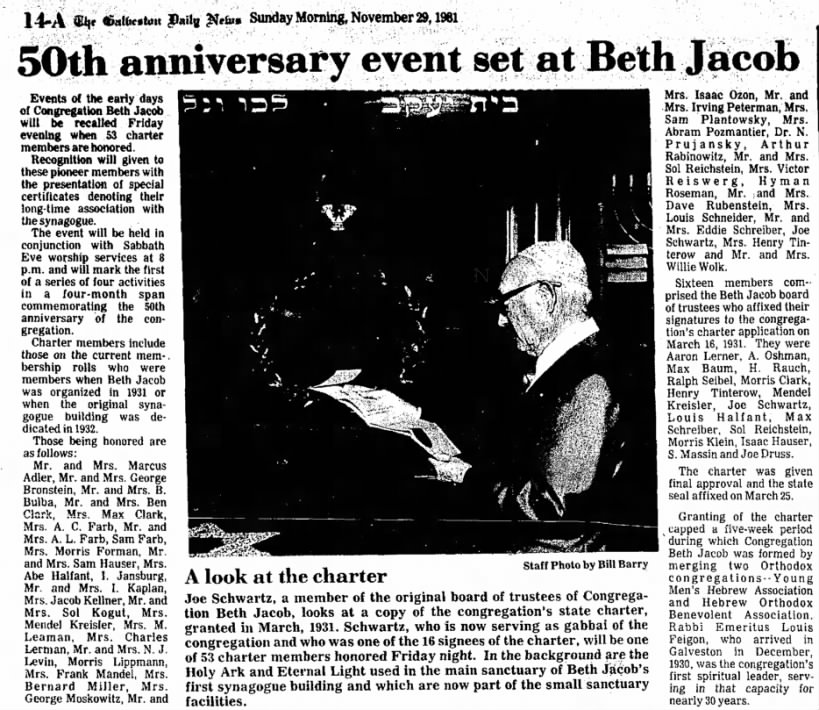 50th Anniversary for Beth Jacob, Nov 1981 - Galveston Daily News
