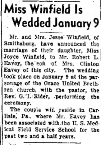 Eavey-Winfield marriage, 23 Feb 1943, Morning Herald, Hagerstown, MD