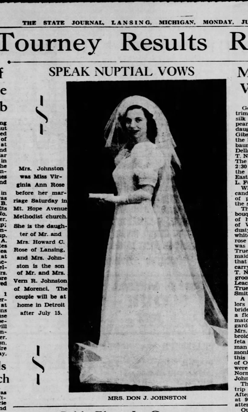 Married-Rose, Virginia Ann and Thomas Whitney Johnston 1940