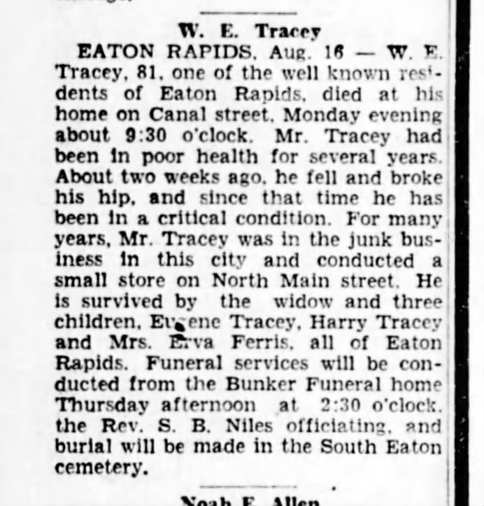 obit-Tracey, W E LSJ 16 Aug 1933 Wed pg14